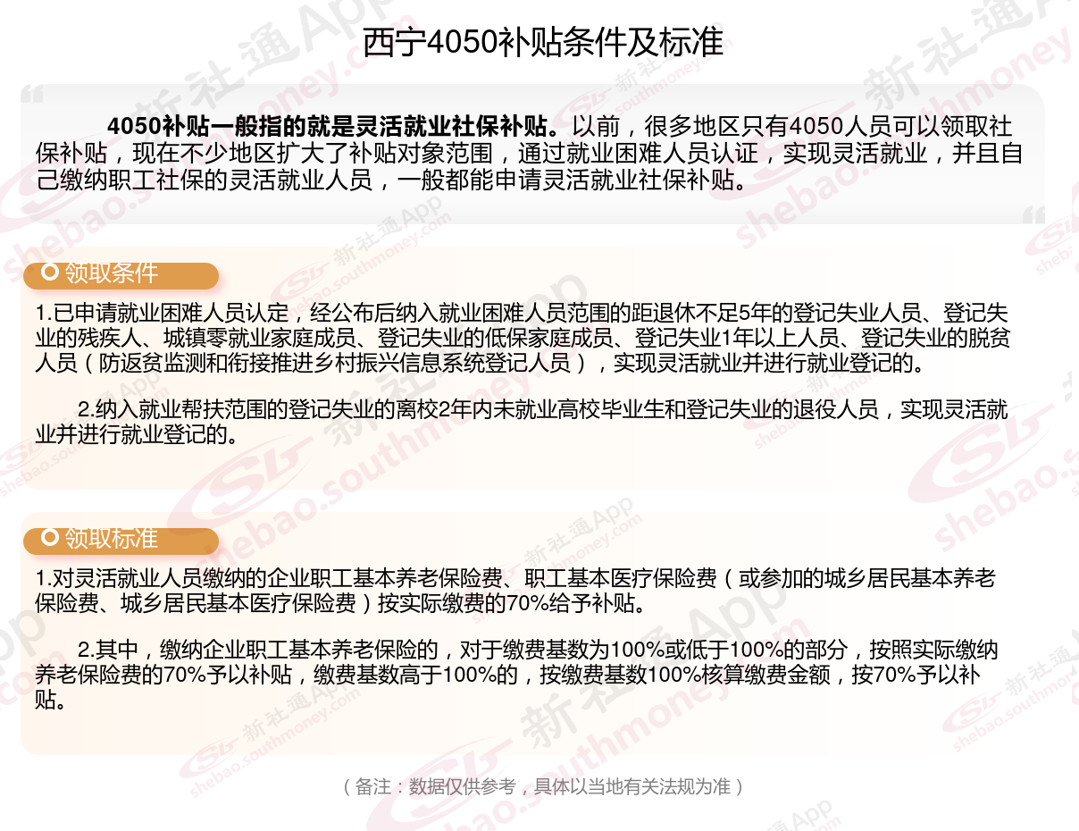 西宁4050社保补贴标准2024年最新 西宁灵活就业4050补贴需要什么条件