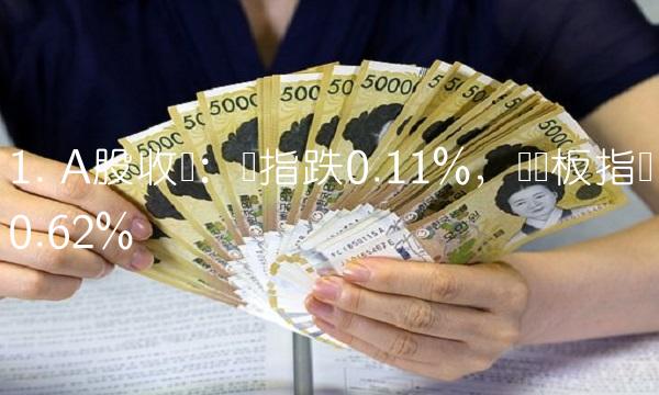 1. A股收盘：沪指跌0.11%，创业板指涨0.62%