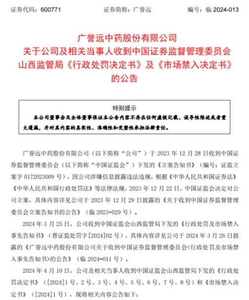 连续8年财报造假 广誉远及时任董事长张斌等相关责任人被重罚