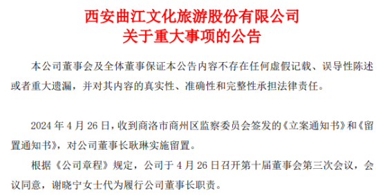 曲江文旅董事长耿琳被立案并留置 谢晓宁代为履职