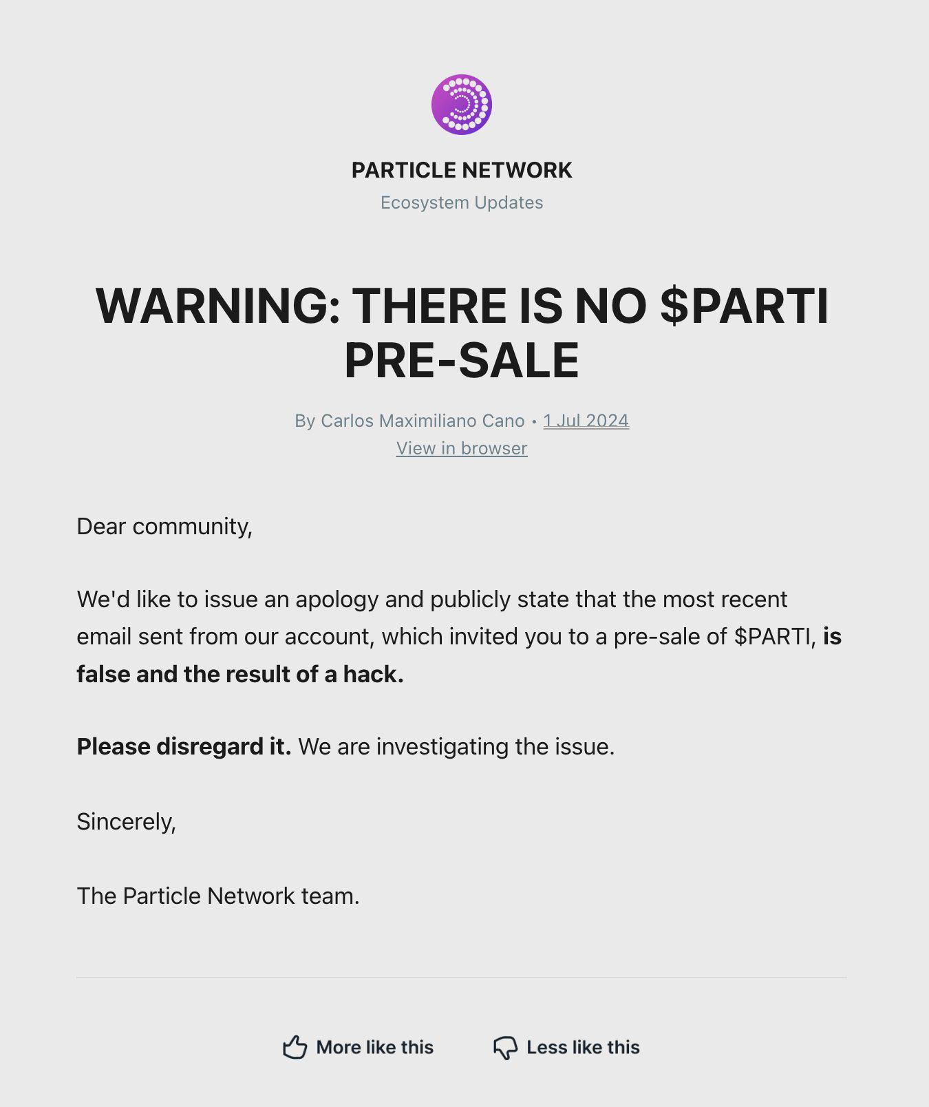 Particle Network：官方电子邮箱遭黑客攻击，并向用户发送虚假PARTl预售邀请信息