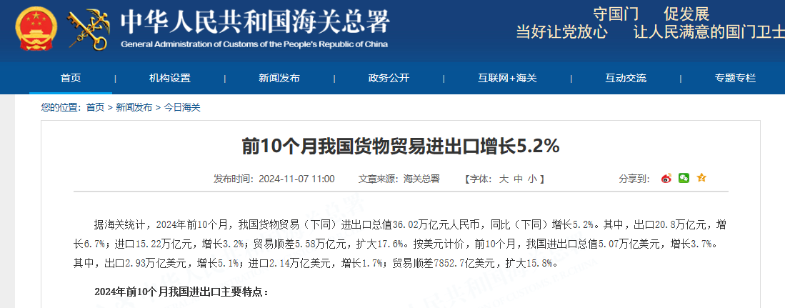 海关总署：前10个月我国货物贸易进出口增长5.2%