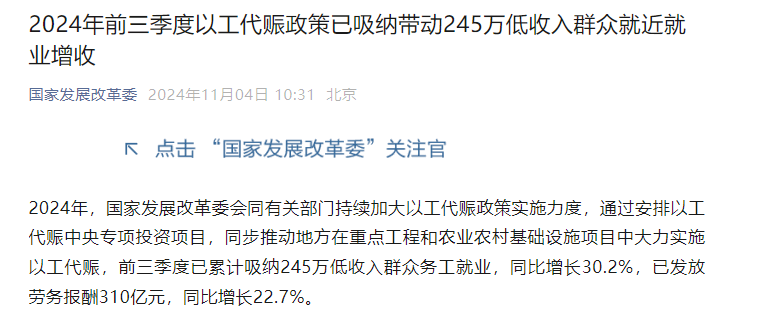 2024年前三季度以工代赈政策已吸纳带动245万低收入群众就近就业增收