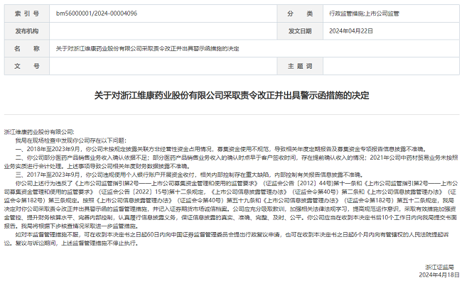 维康药业实控人被立案 此前因占用资金1.4亿元收到浙江证监局警示函