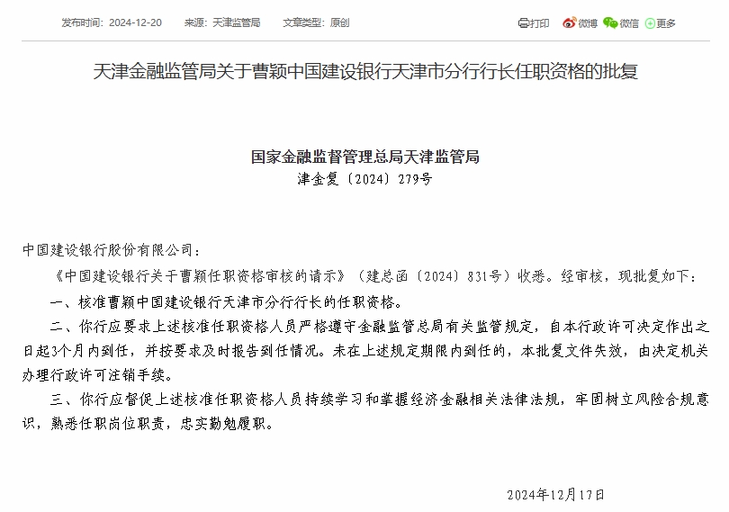 建设银行天津市分行行长曹颖任职资格获批