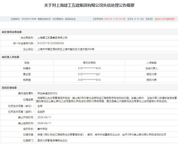上海建工2家子公司因串通投标3年内被禁参加军采