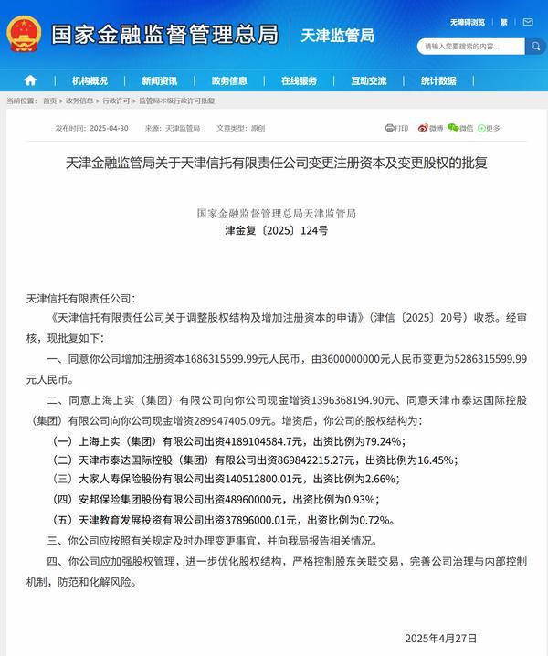 天津信托增资获批 注册资本增至52.86亿元