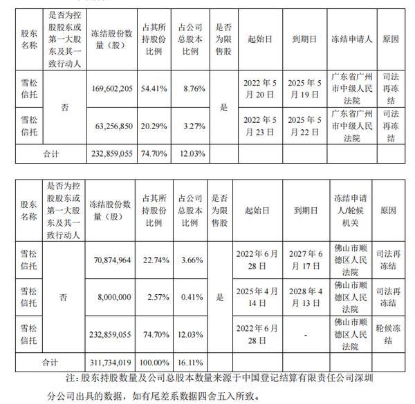 雪松信托被申请强制执行 所持相关上市公司股份被冻结