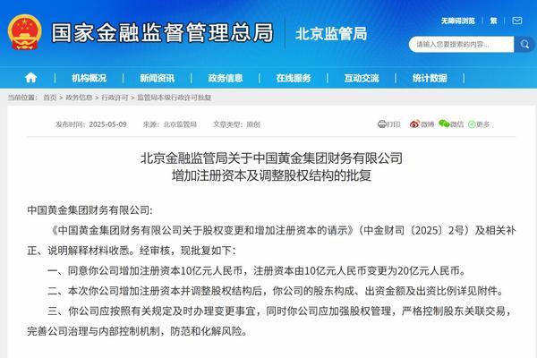 中国黄金集团财务公司增资获批 注册资本变更为20亿元