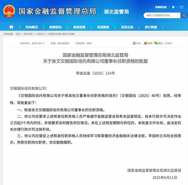 张文获批担任交银国际信托董事长