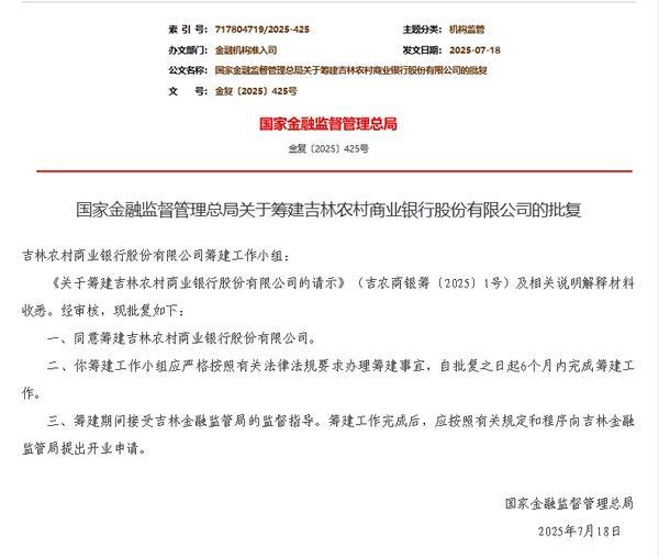 吉林农商银行获批筹建