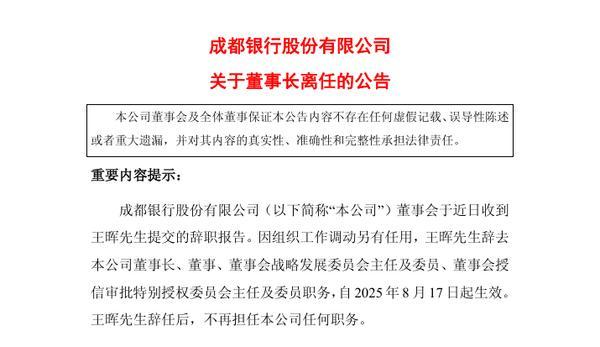 成都银行：董事长王晖辞任 提名黄建军任董事长