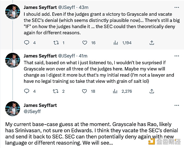 彭博ETF分析师：就算灰度赢得法官支持撤销SEC的拒绝令，SEC可能会以不同的理由再次拒绝